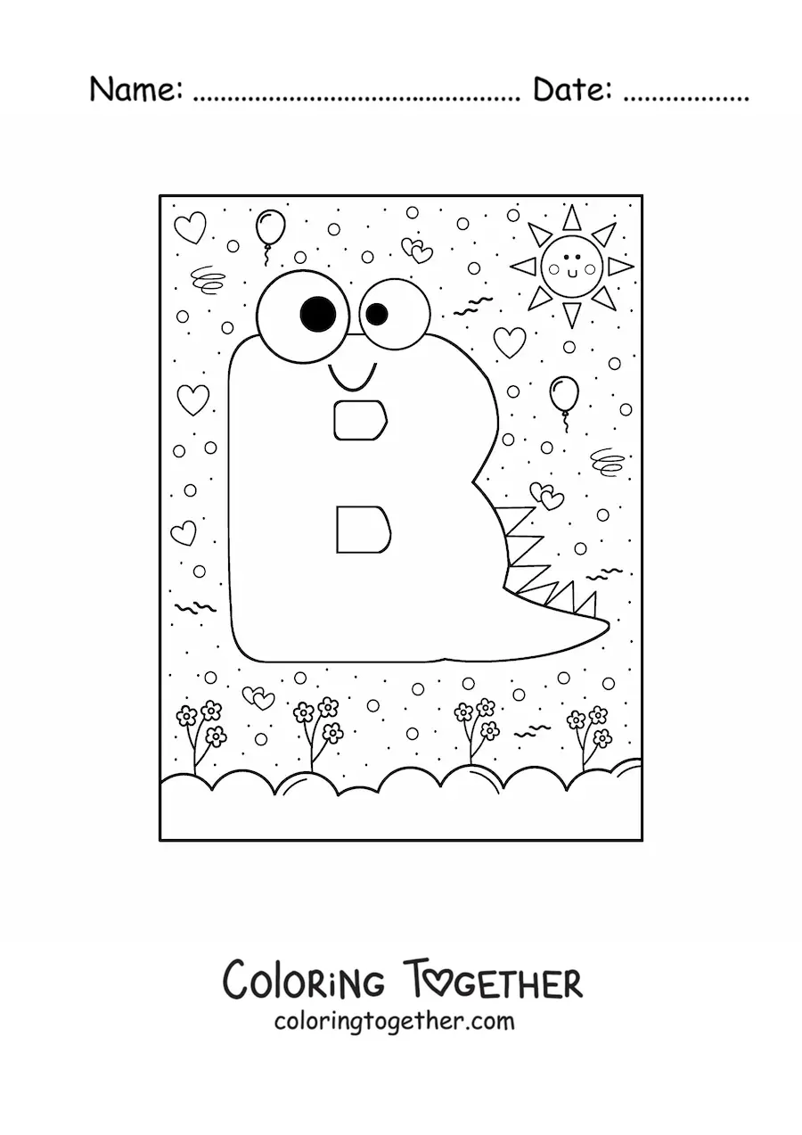 Coloring page of the cartoon letter B shaped like a monster