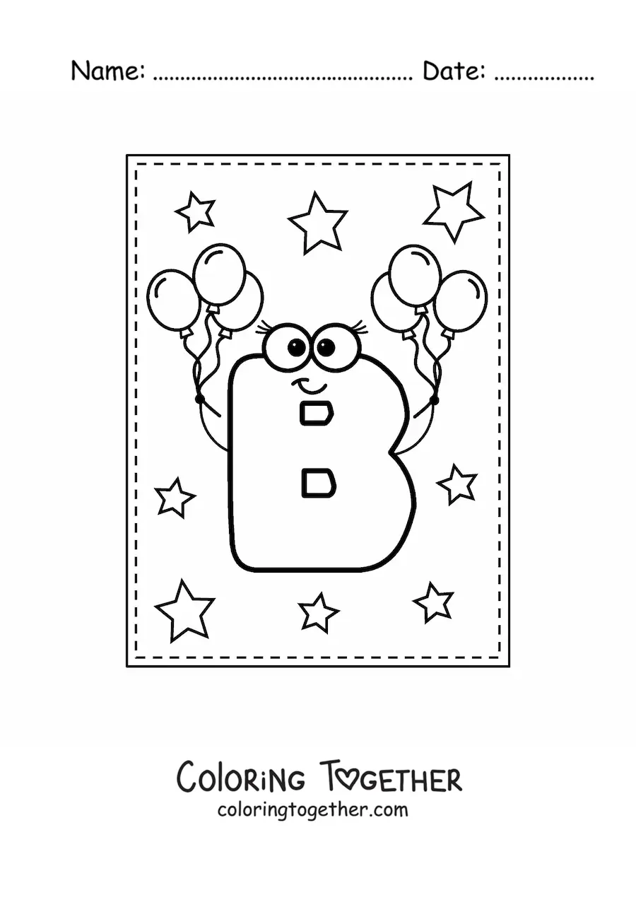 Coloring page of a cartoon uppercase letter B with balloons