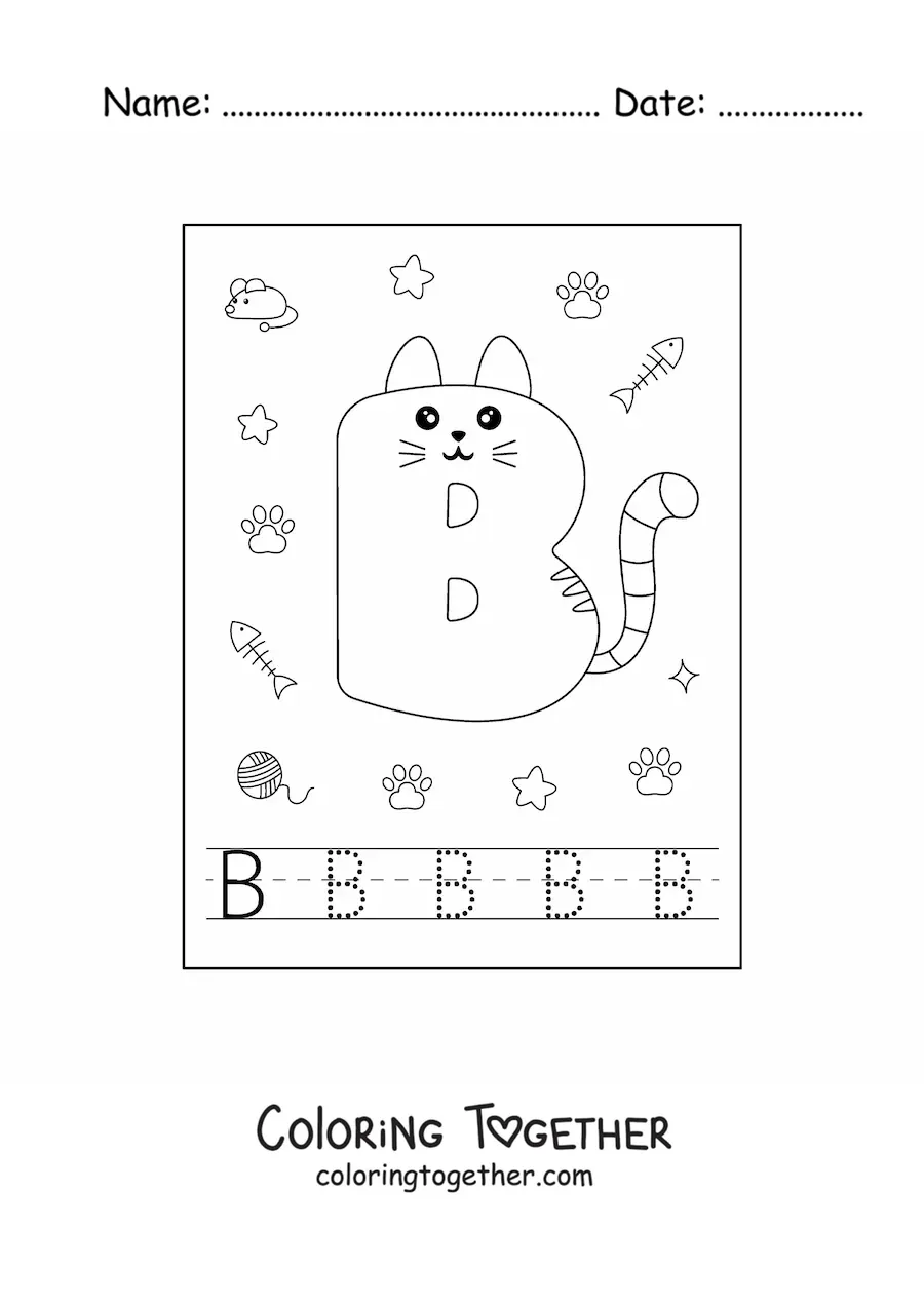 Coloring page of the cartoon letter B shaped like a cat