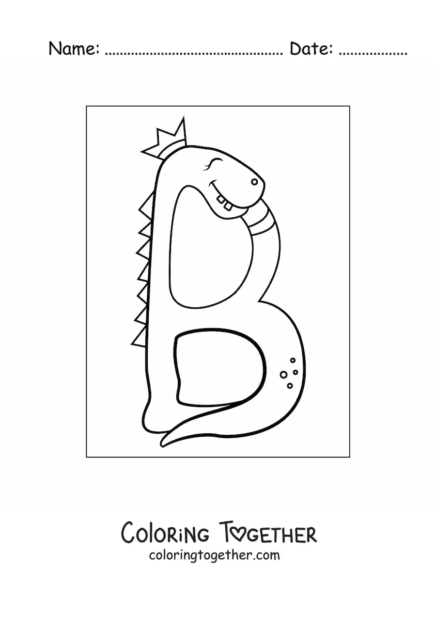 Coloring page of the cartoon letter B shaped like a dinosaur