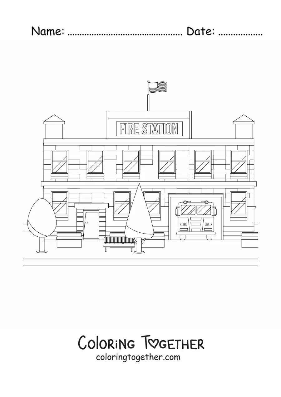 Coloring page of a fire truck parked at the station