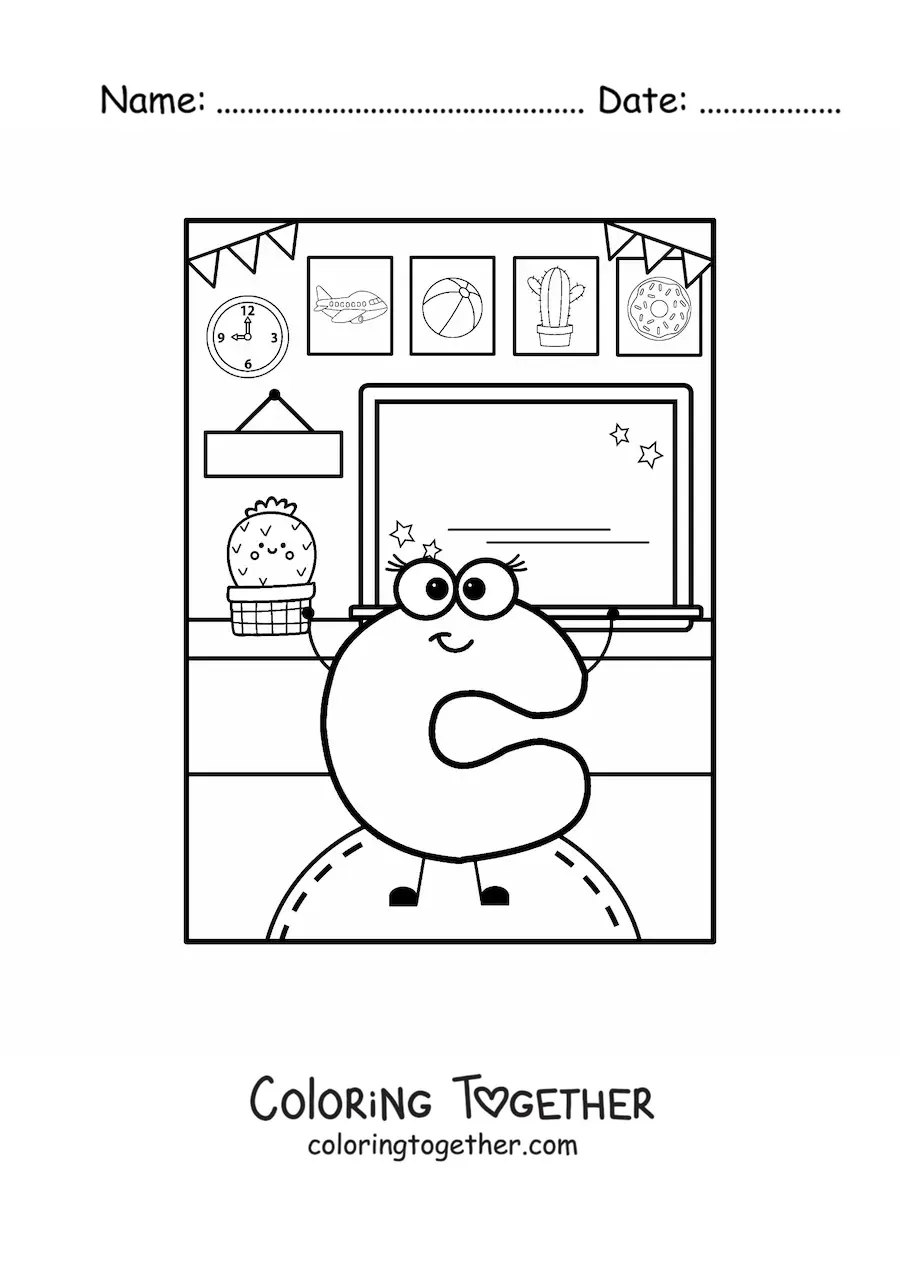 Coloring page of the cartoon letter C at school