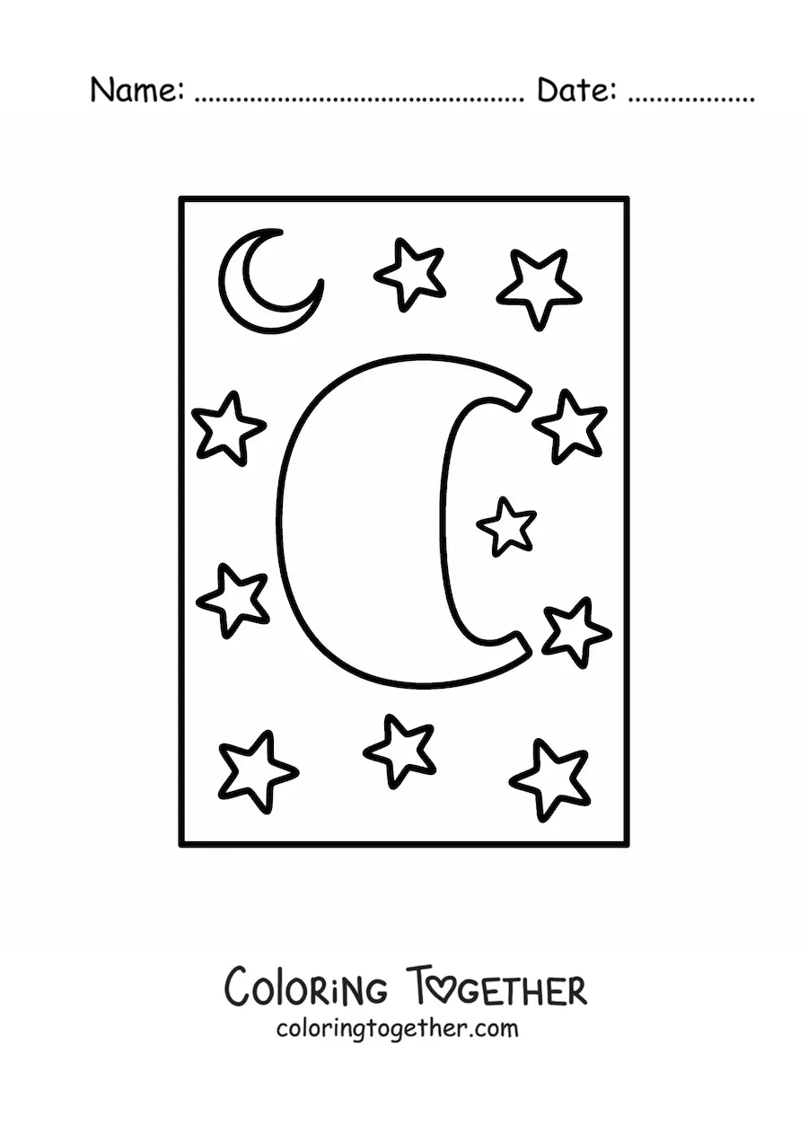 Coloring page of the uppercase letter C with stars and a moon
