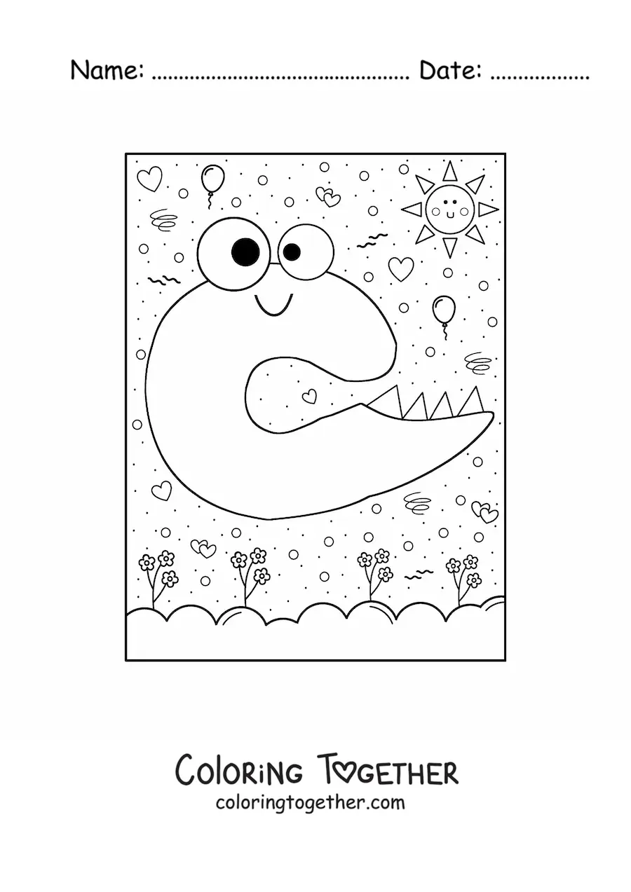 Coloring page of the cartoon letter C shaped like a monster