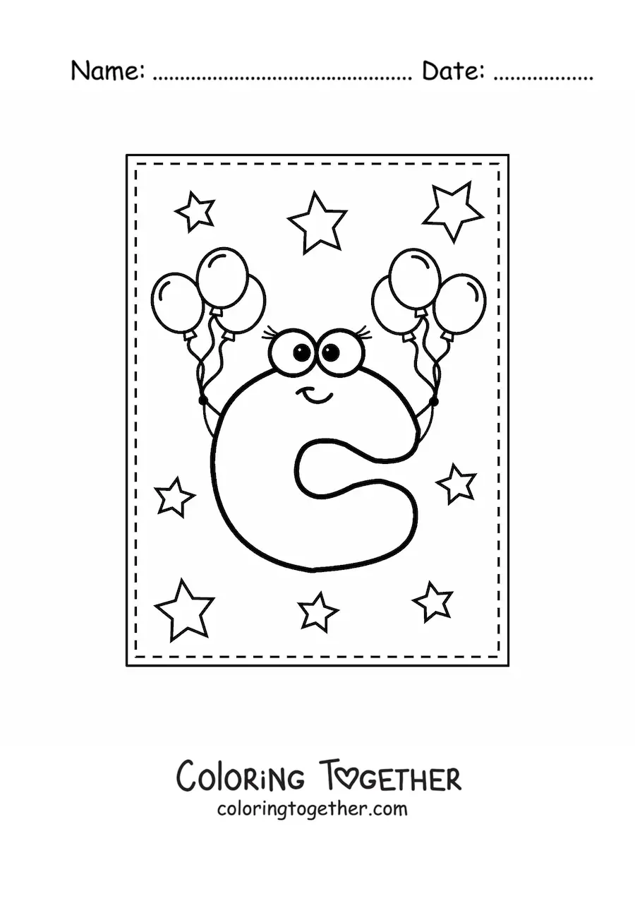 Coloring page of a cartoon uppercase letter C with balloons