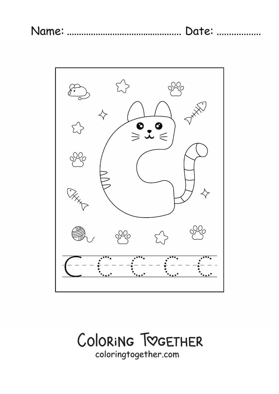 Coloring page of the cartoon letter C shaped like a cat