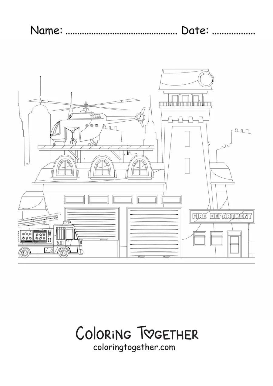 Coloring page of rescue vehicles at the fire station
