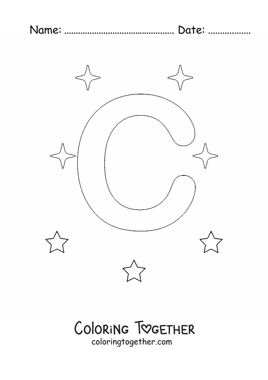 Coloring page of the uppercase letter C with stars