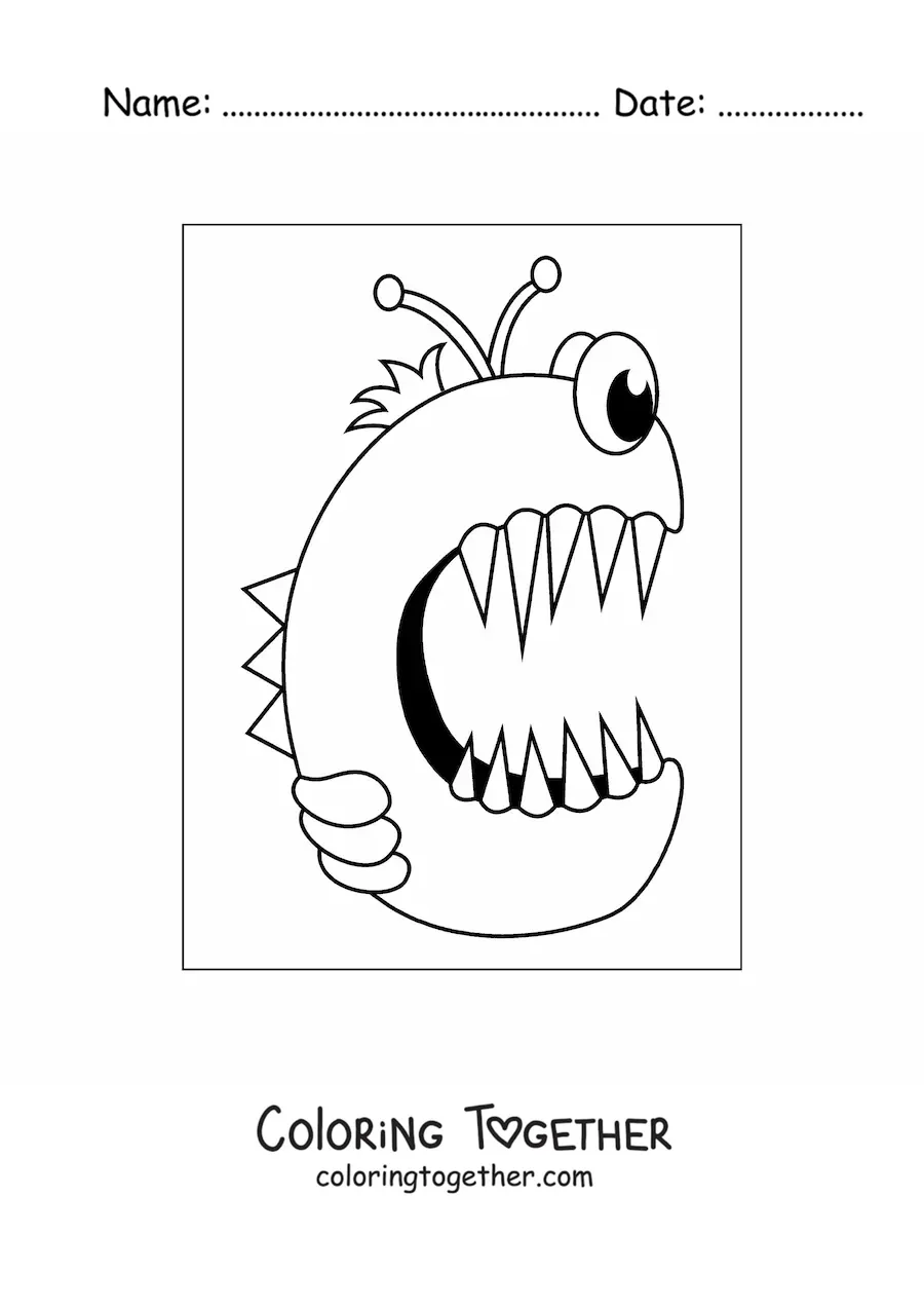 Coloring page of the cartoon letter C shaped like a monster