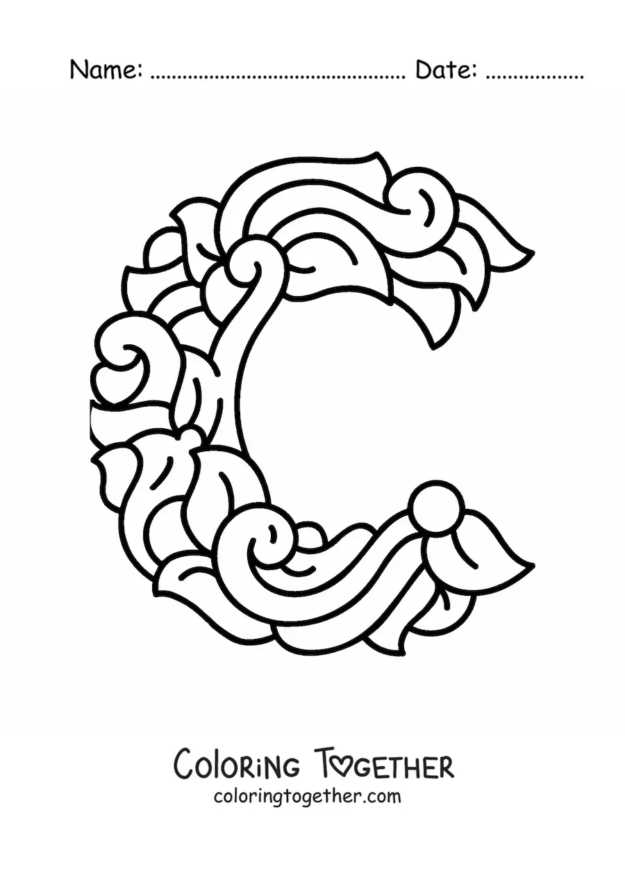 Coloring page of a decorated uppercase letter C