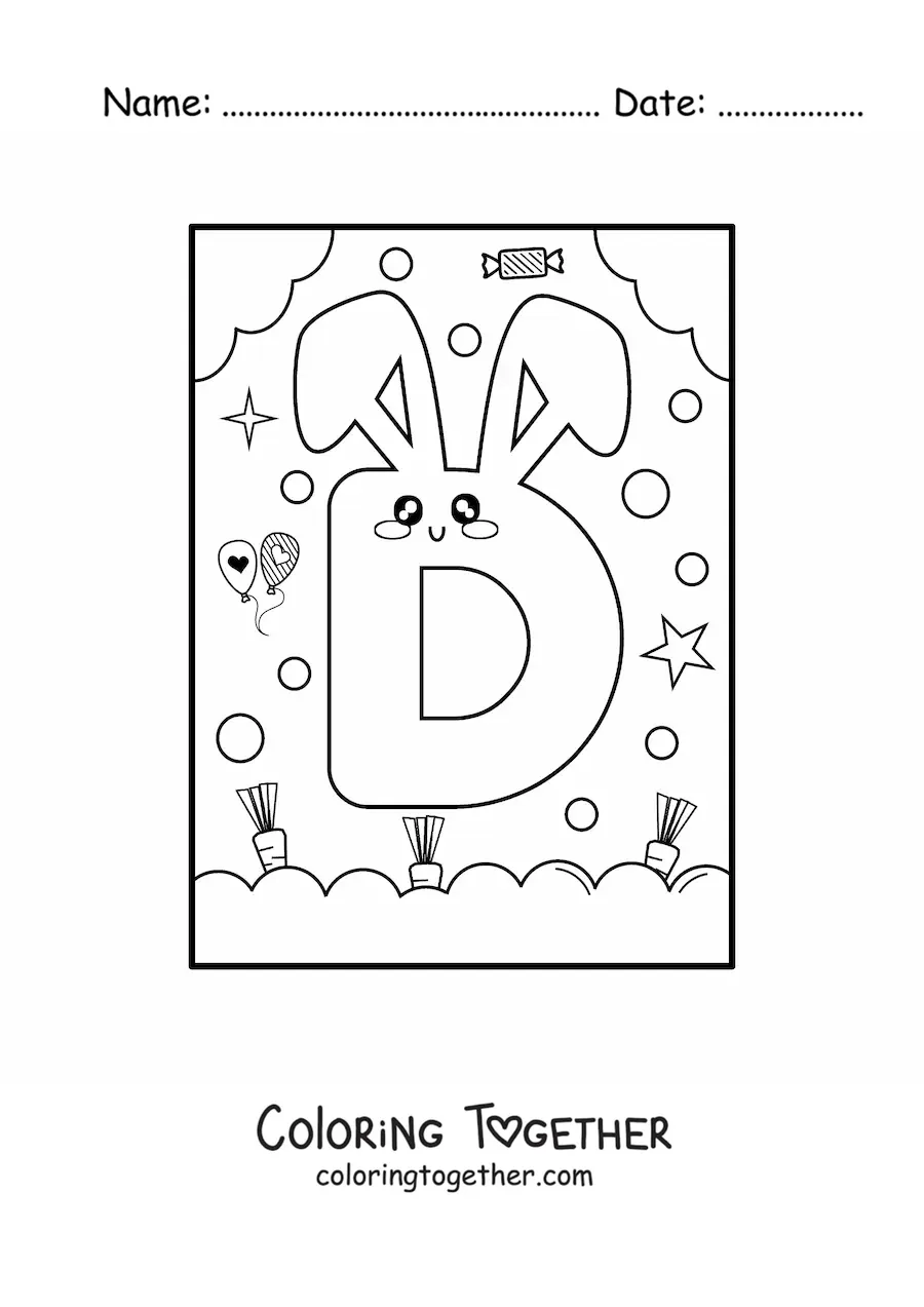 Coloring page of the letter D shaped like a cute kawaii cartoon rabbit