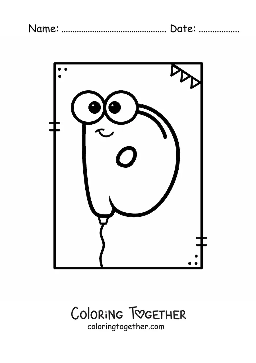 Coloring page of the cartoon letter D shaped like a balloon