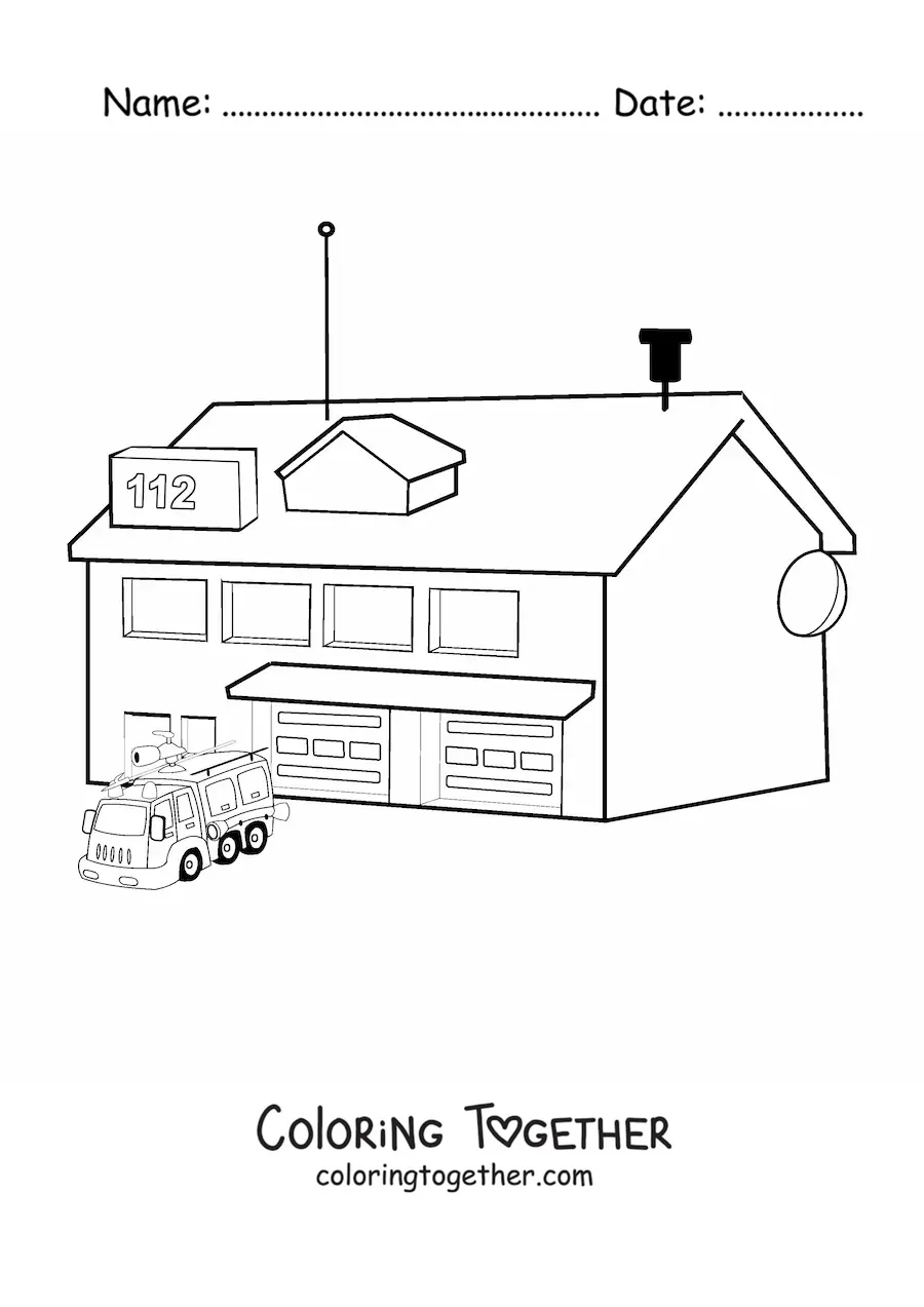 Coloring page of a fire truck leaving the station