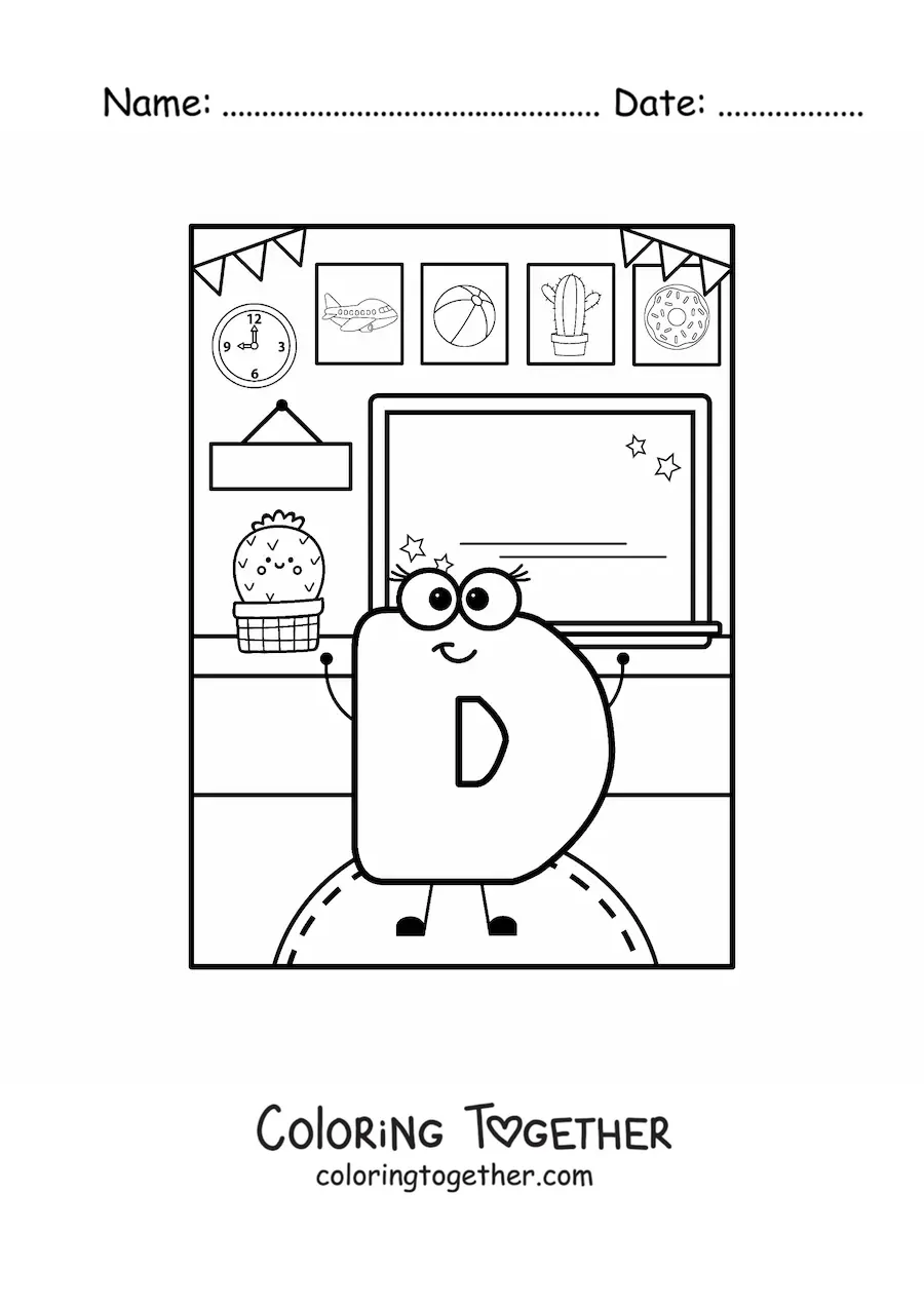Coloring page of the cartoon letter D at school