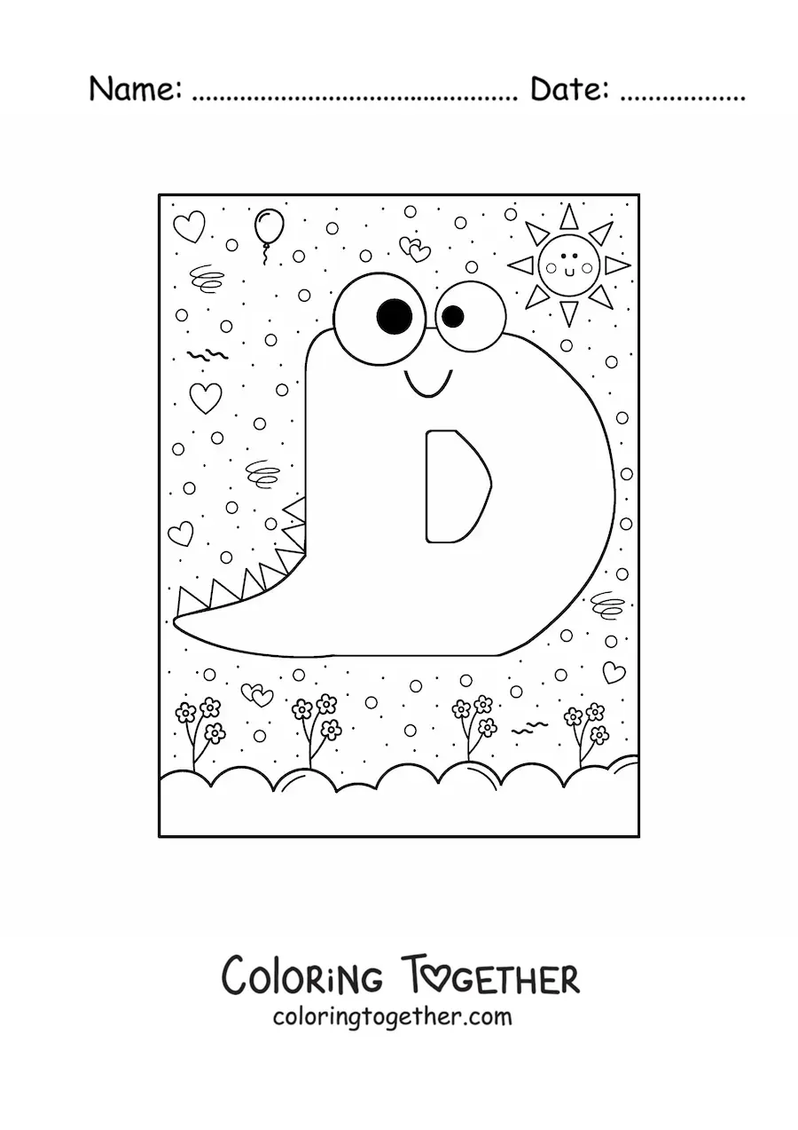 Coloring page of the cartoon letter D shaped like a monster
