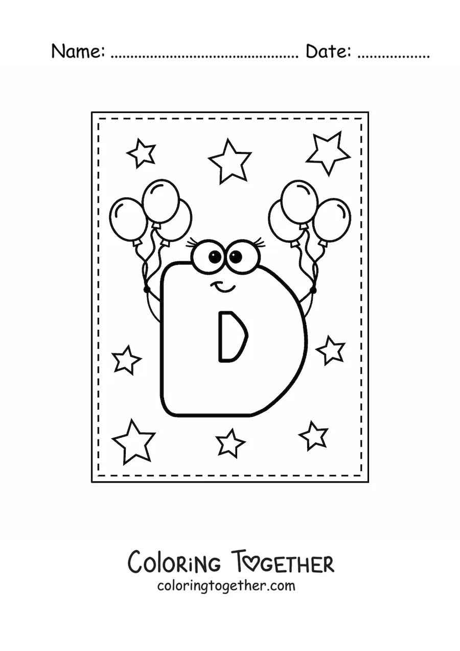 Coloring page of a cartoon uppercase letter D with balloons