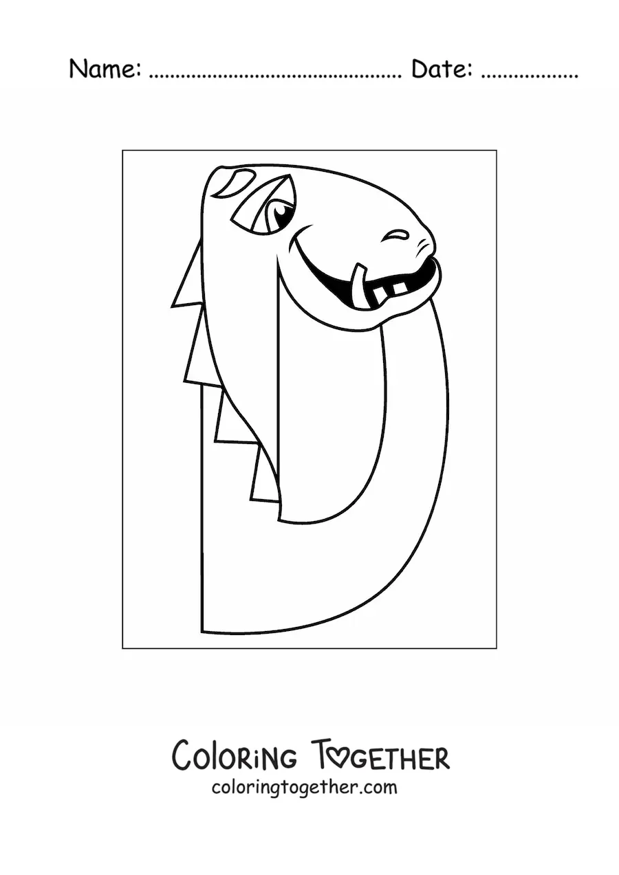 Coloring page of the cartoon letter D shaped like a dinosaur
