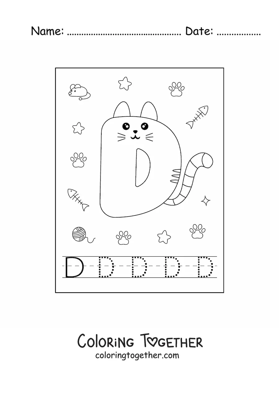 Coloring page of the cartoon letter D shaped like a cat