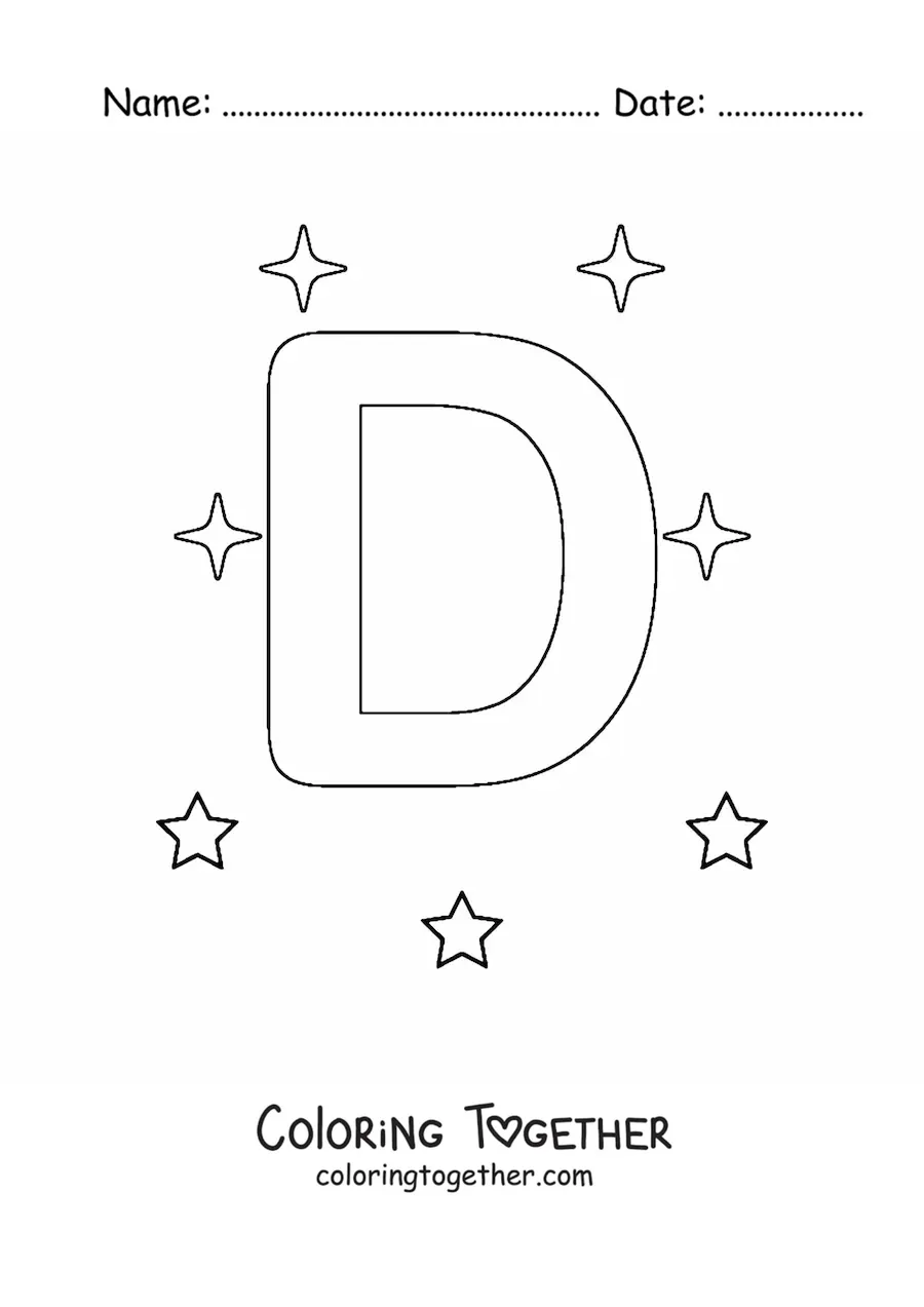 Coloring page of the uppercase letter D with stars