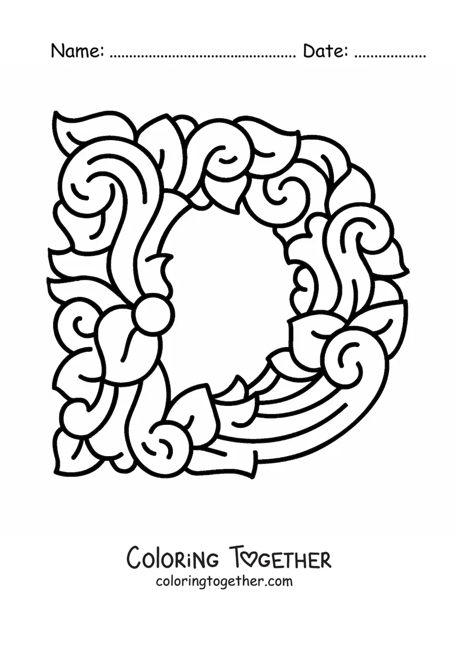 Coloring page of a decorated uppercase letter D