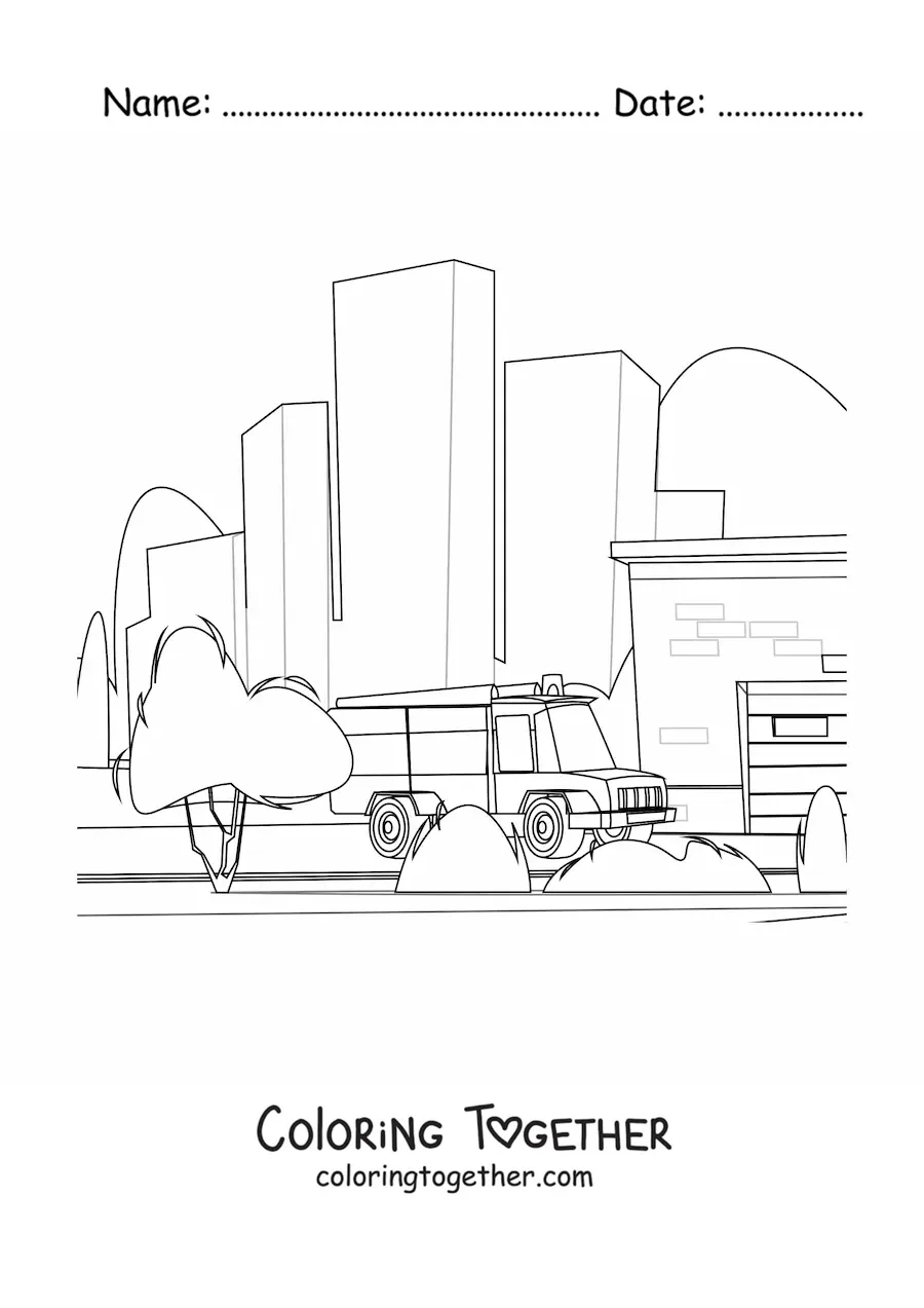 Coloring page of a fire truck in the city