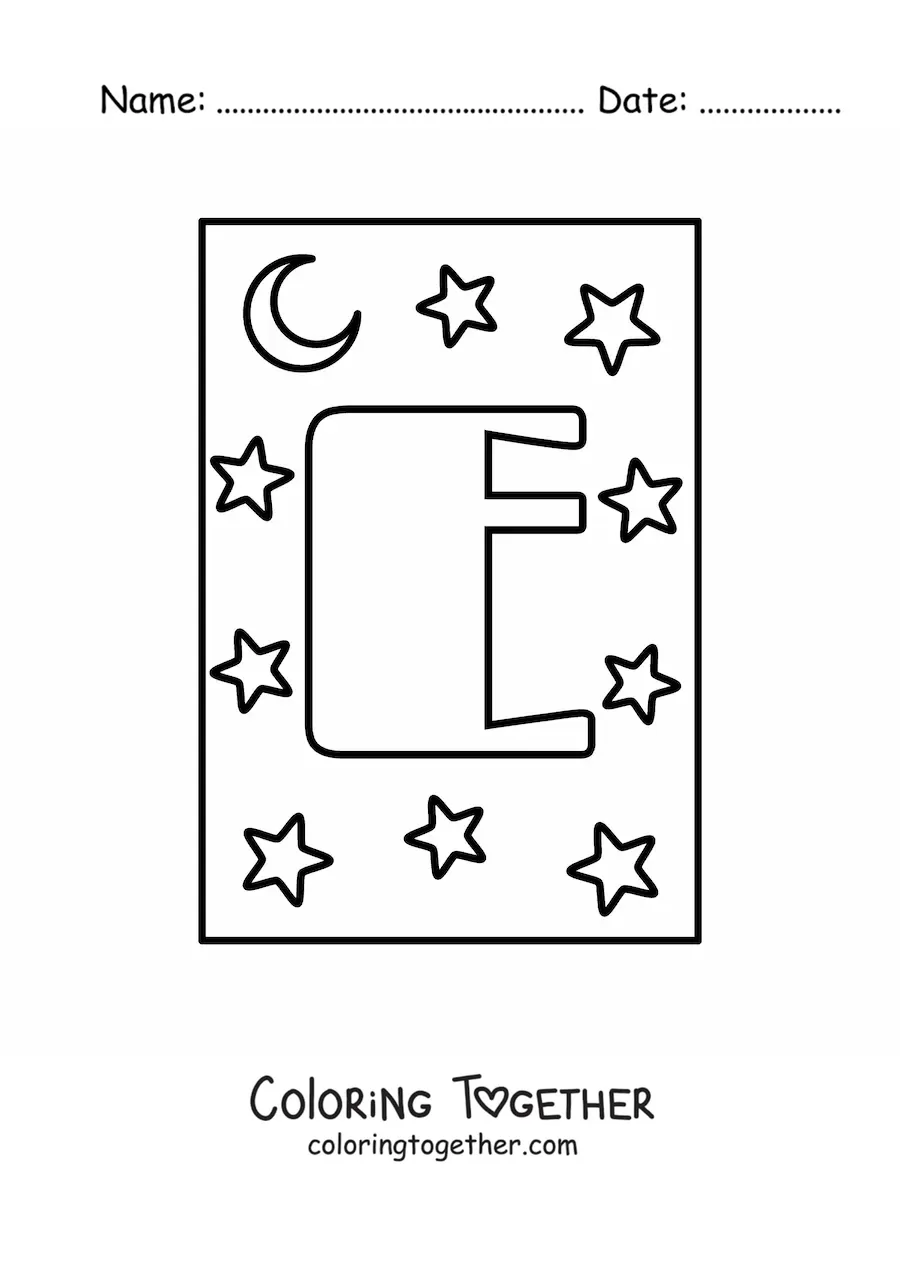 Coloring page of the uppercase letter E with stars and a moon