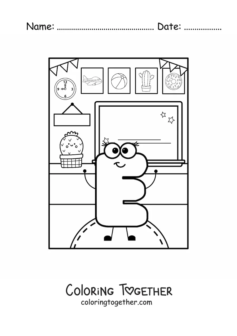 Coloring page of the cartoon letter E at school