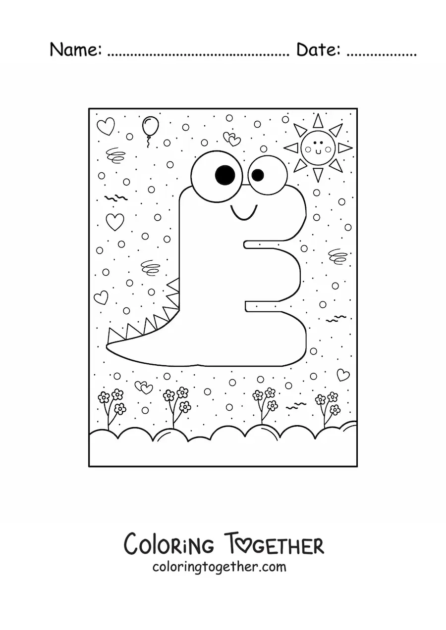 Coloring page of the cartoon letter E shaped like a monster