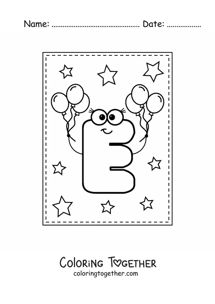 Coloring page of a cartoon uppercase letter E with balloons