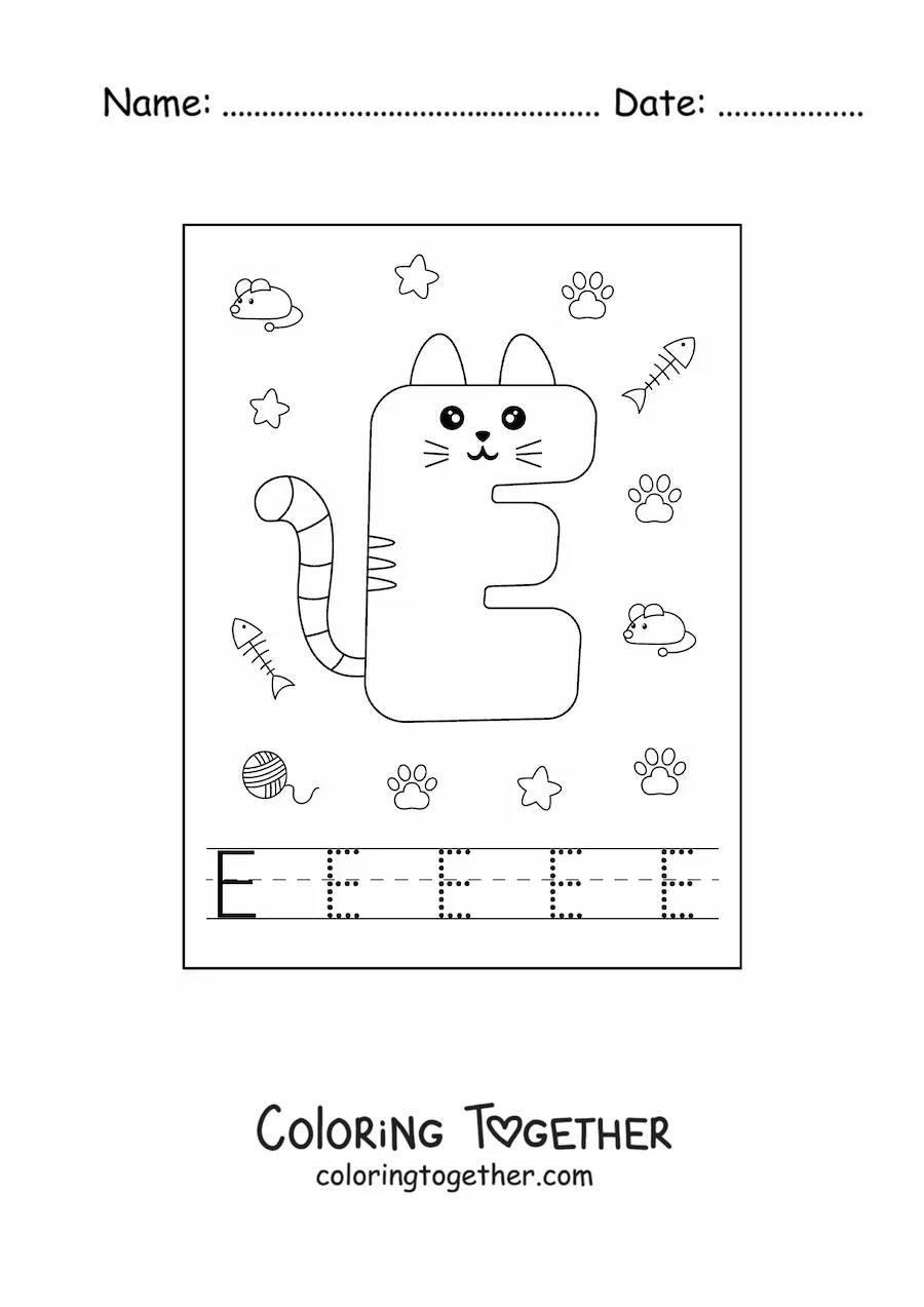 Coloring page of the cartoon letter E shaped like a cat