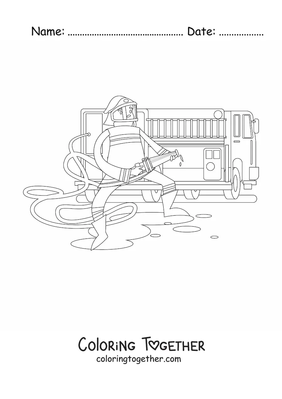 Coloring page of a cartoon firefighter holding a hose