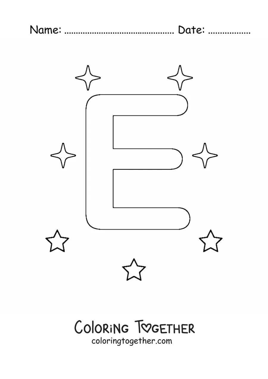 Coloring page of the uppercase letter e with stars