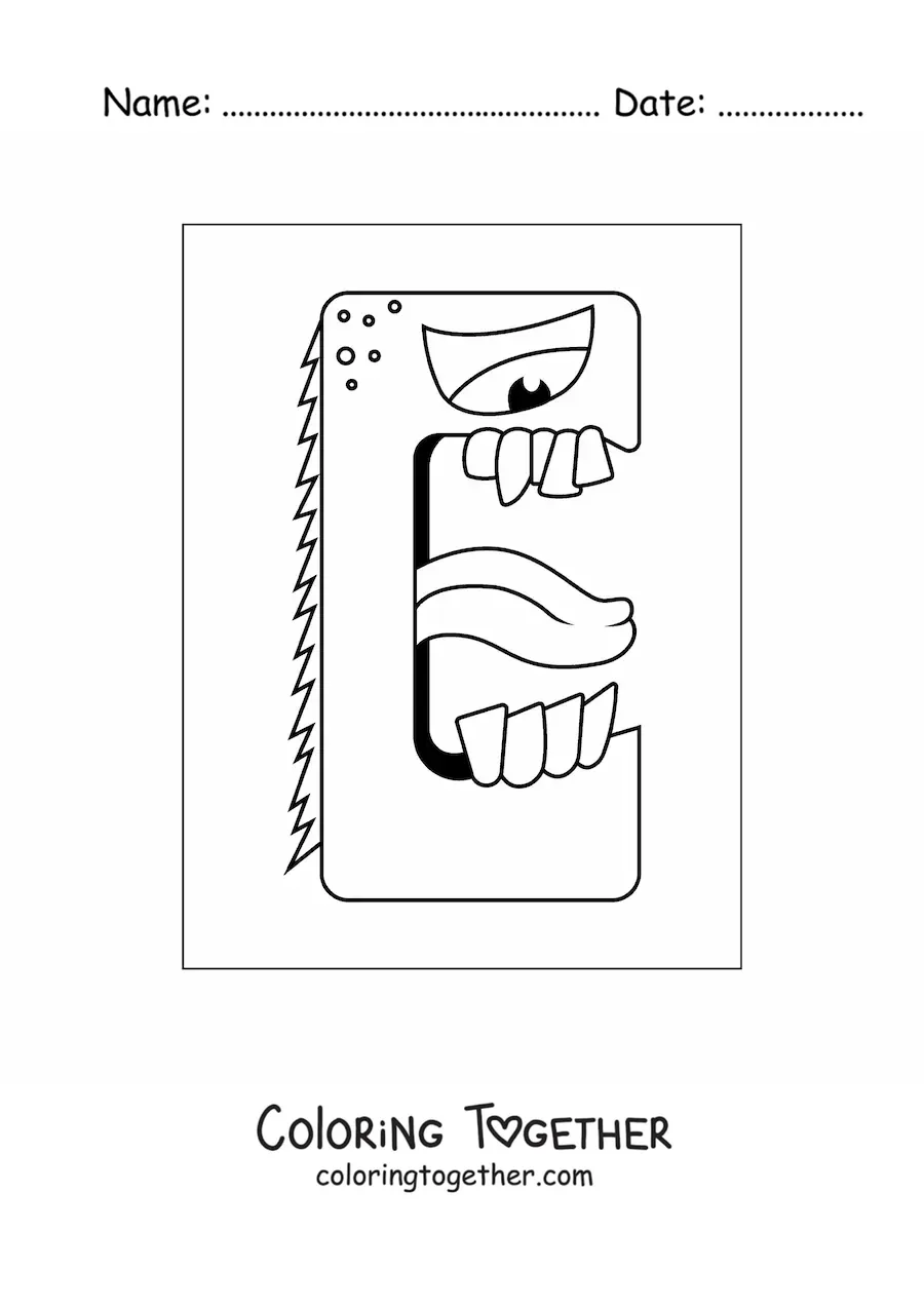 Coloring page of the cartoon letter e shaped like a monster