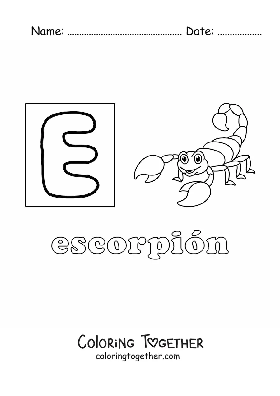 Coloring page of e is for scorpion