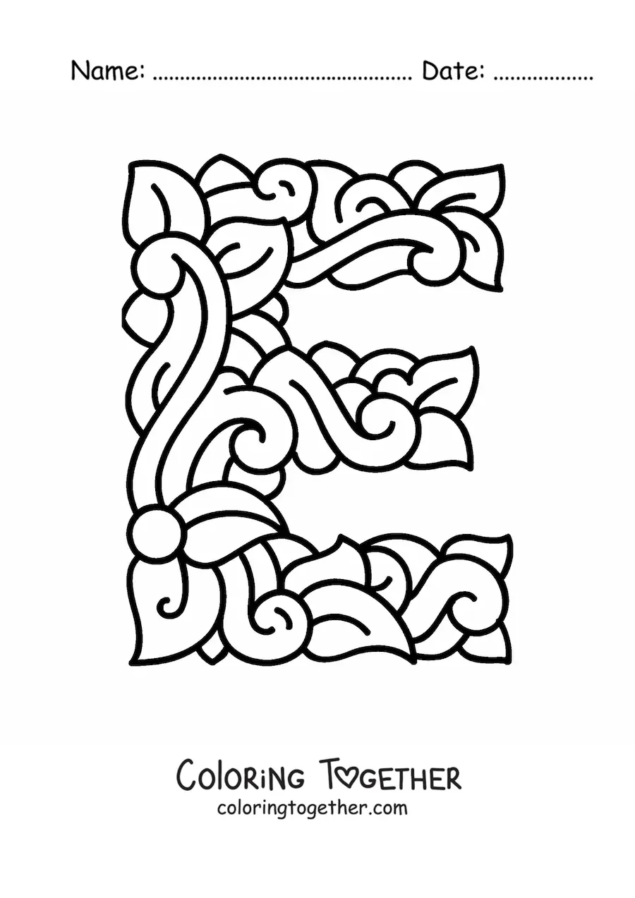 Coloring page of the decorated uppercase letter e
