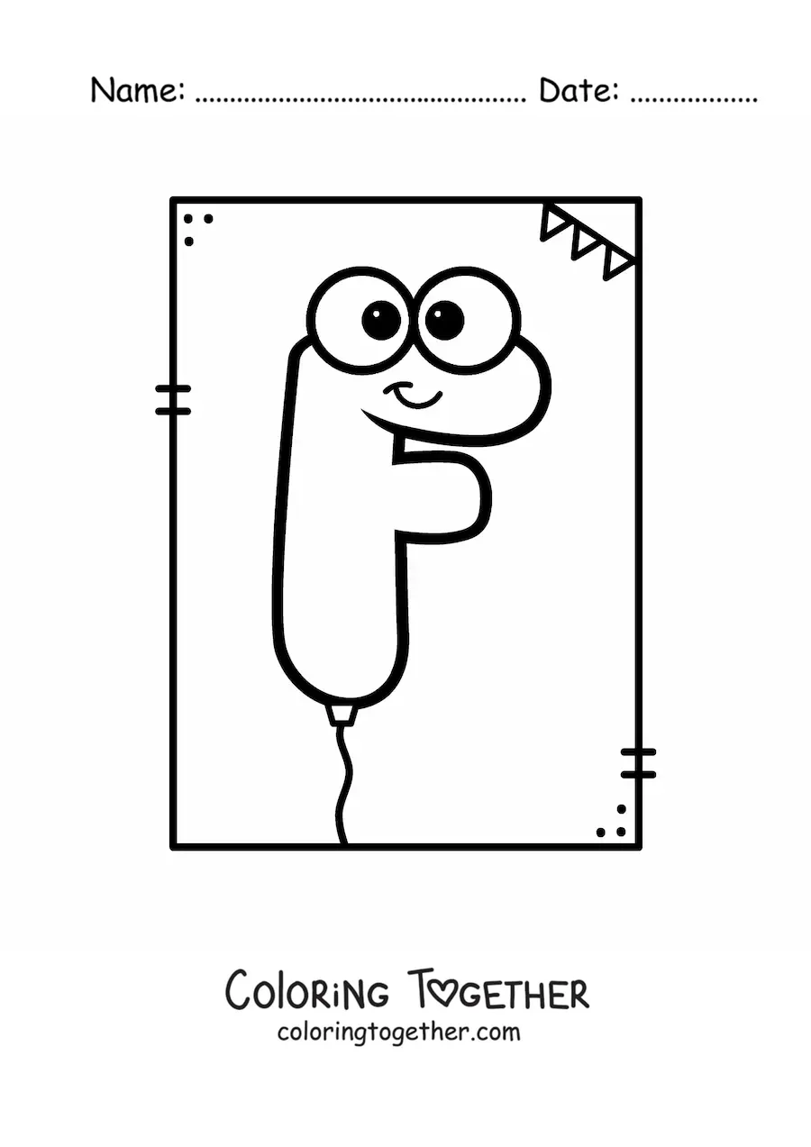 Coloring page of the cartoon letter f shaped like a balloon