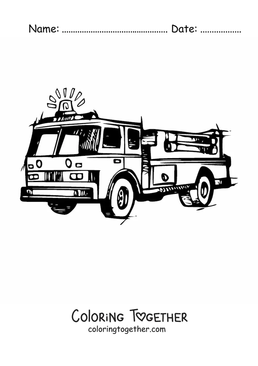 Coloring page of a fire truck with its siren on