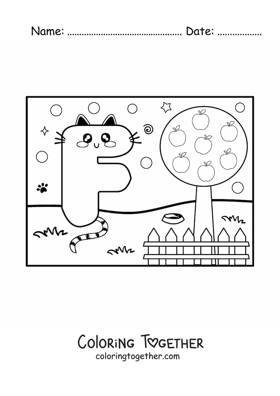 Coloring page of the cartoon letter f shaped like a cat in the park