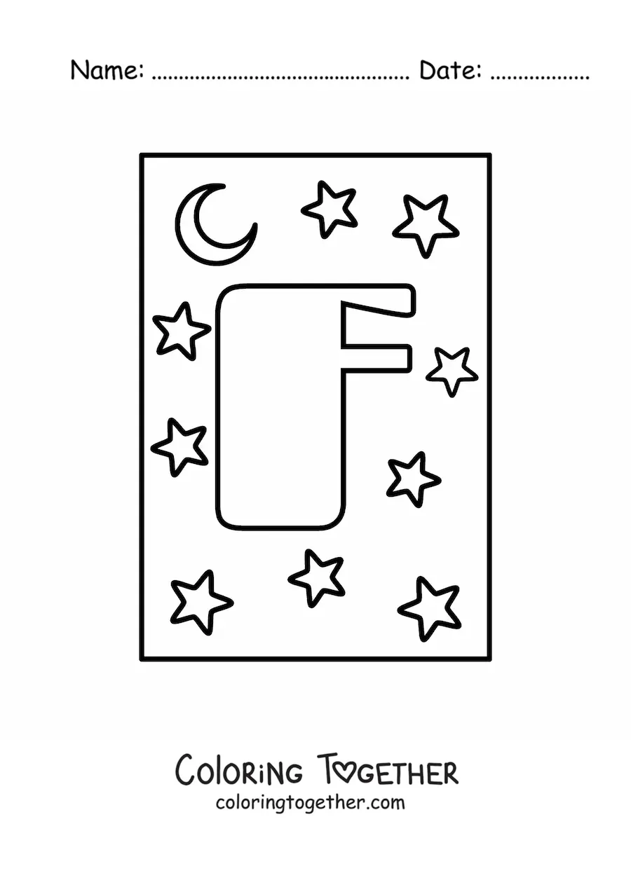 Coloring page of the uppercase letter f with stars and a moon