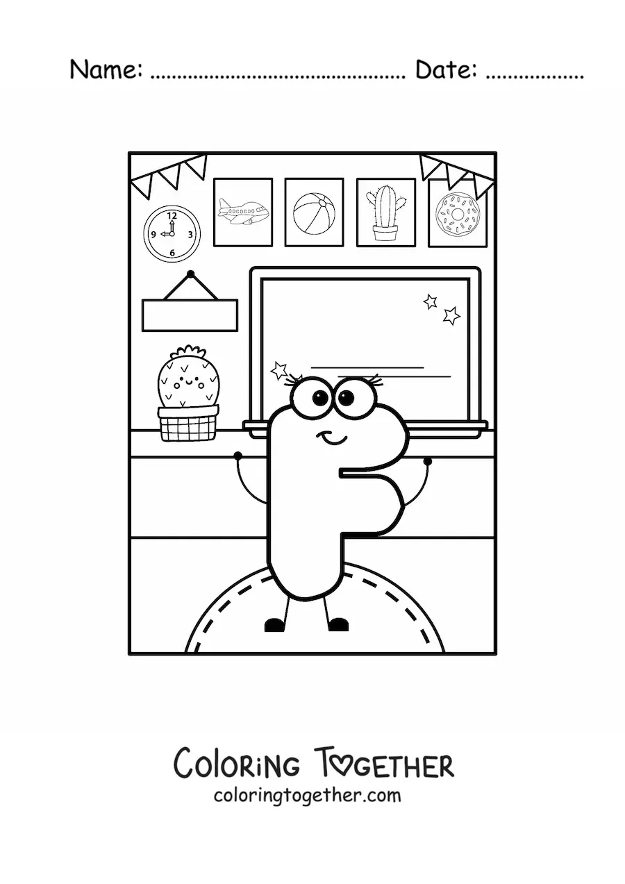 Coloring page of the cartoon letter f at school