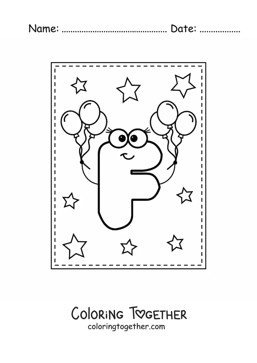 Coloring page of the animated capital letter f with balloons