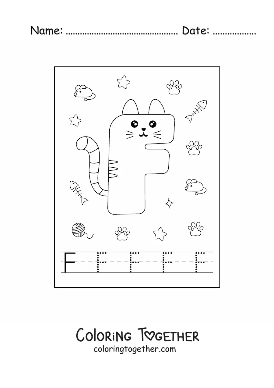 Coloring page of the animated letter f shaped like a cat