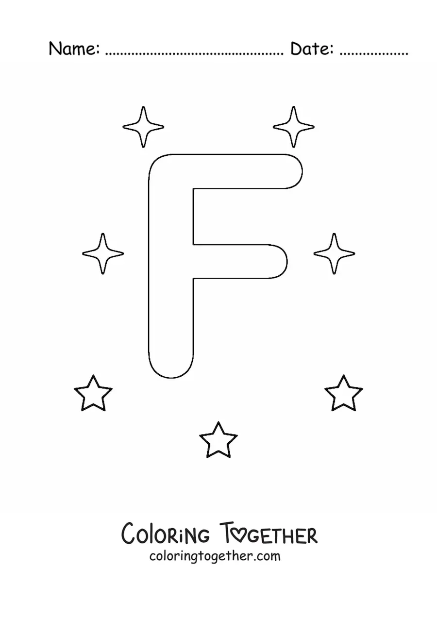 Coloring page of the capital letter f with stars