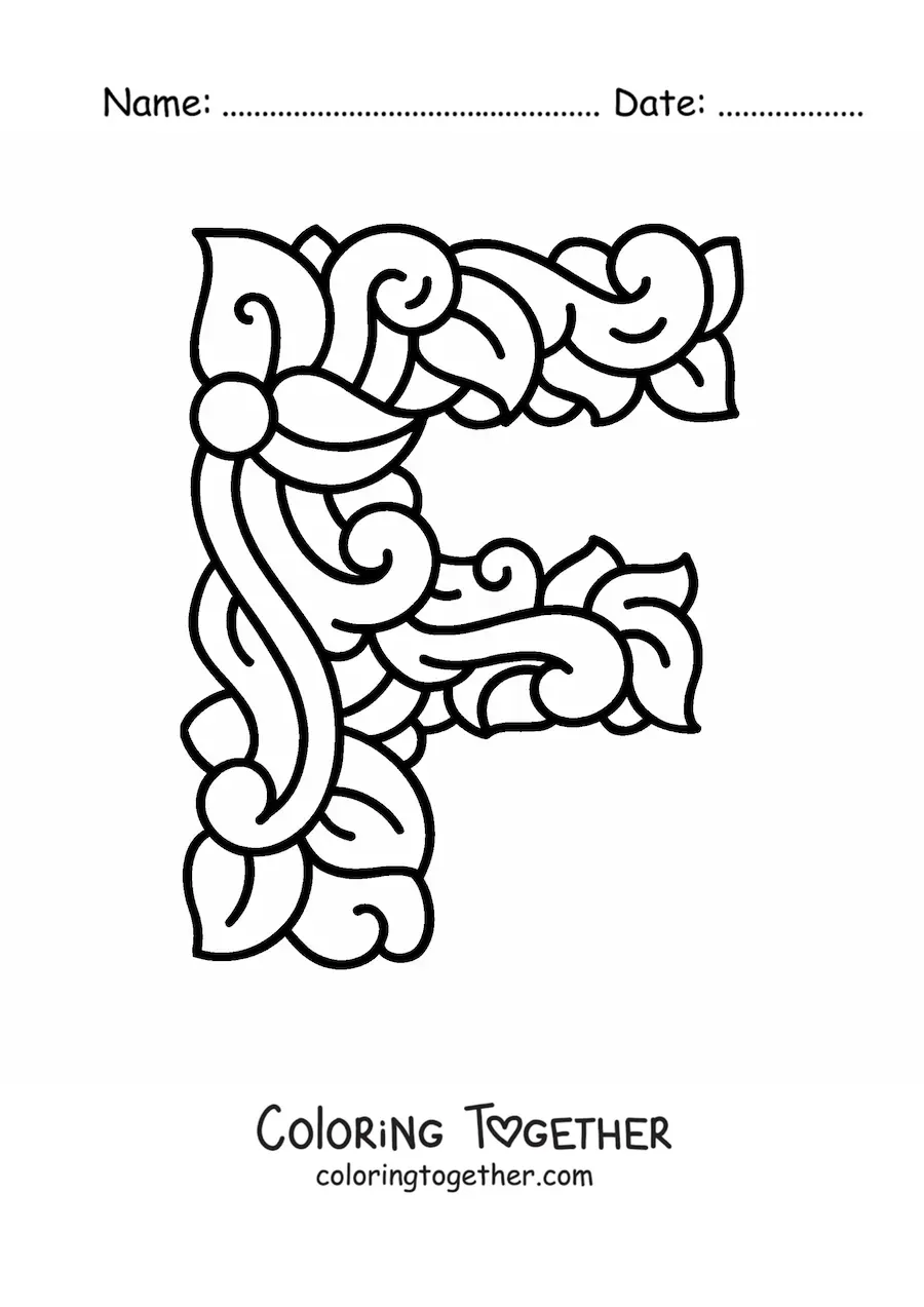 Coloring page of the decorated capital letter f