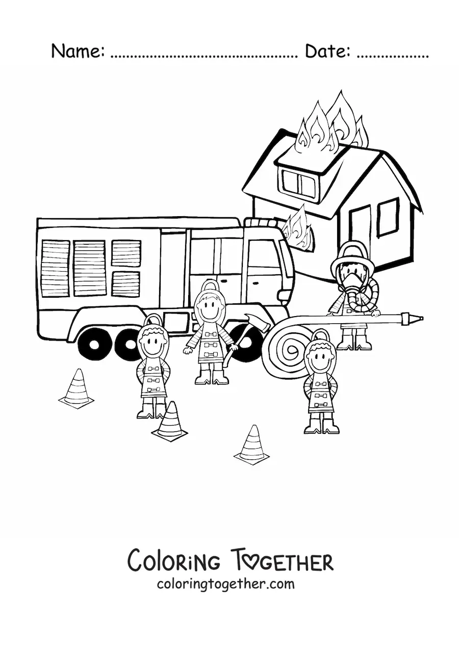 Coloring page of several cartoon firefighters putting out a fire
