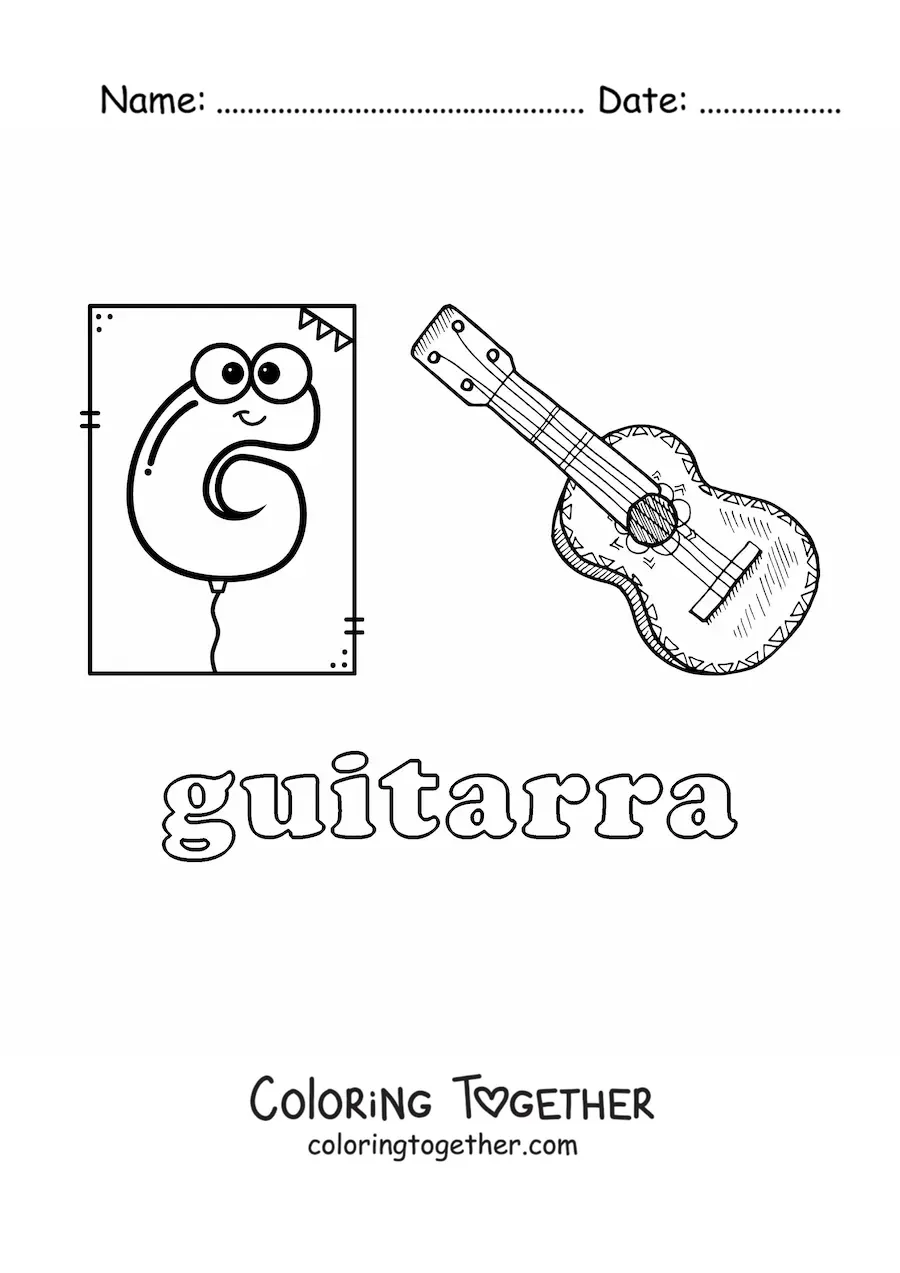 Coloring page of g is for guitar