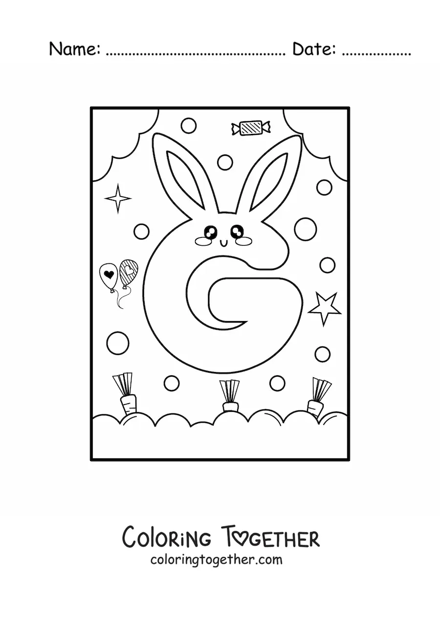 Coloring page of the letter g shaped like an animated kawaii rabbit
