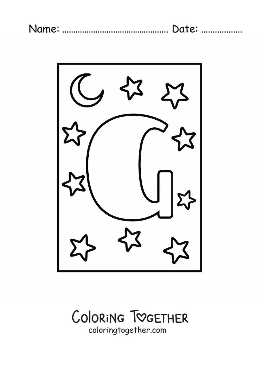 Coloring page of the capital letter g with stars and a moon