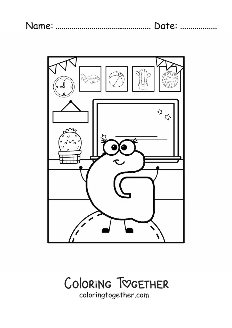 Coloring page of the animated letter g at school