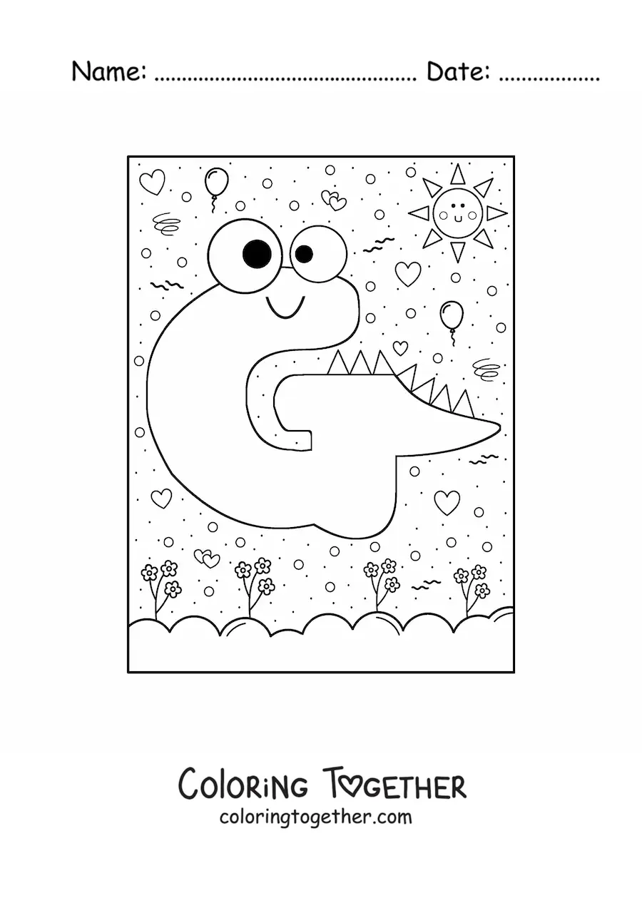 Coloring page of the cartoon letter g shaped like a monster
